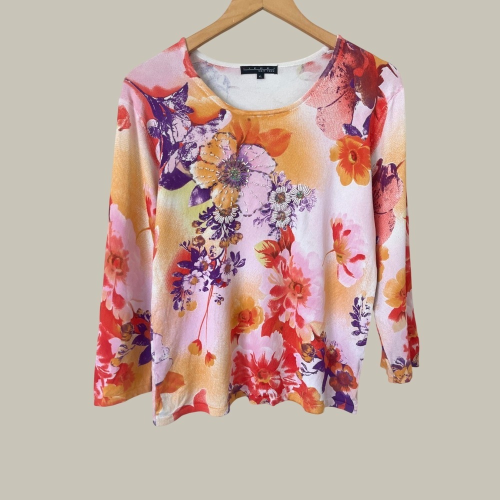 Pierri New York Floral Beaded Knit Top XL Pink Orange Watercolor Long Sleeve Y2K